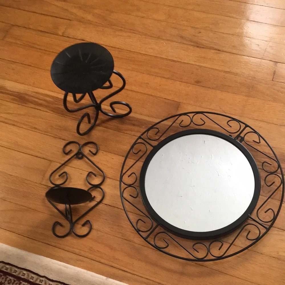 Black Fancy Candle Holder And Round Mirror
